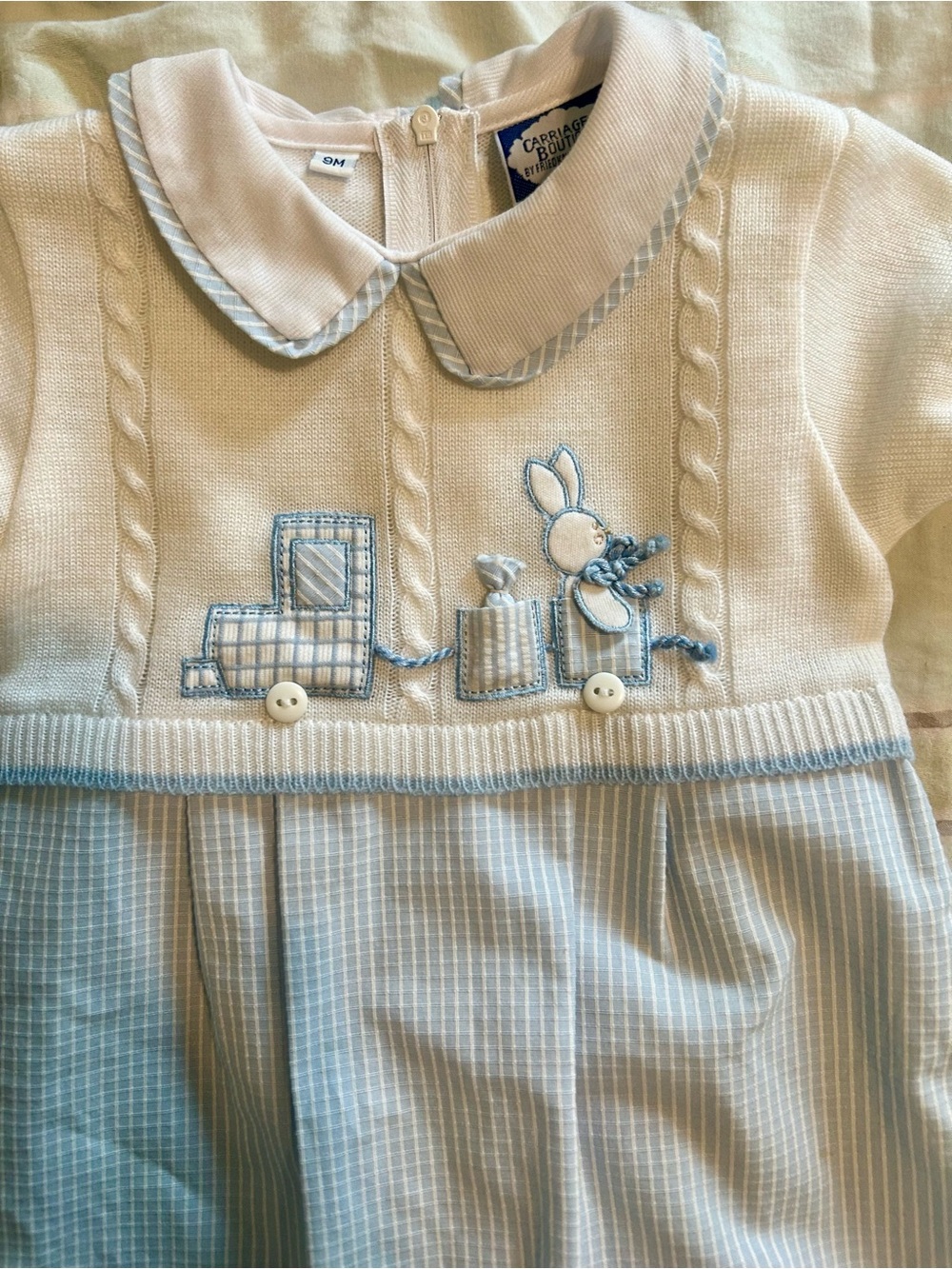 Carriage Boutique Boy’s Baby Blue/White Sweater One-piece Romper Bunny Train 9M